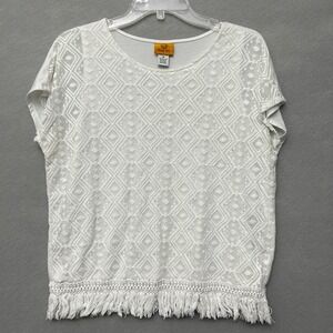 Ruby Rd. Top Women's M White Short Sleeve Mesh Embroidered Boho Festival Fringe